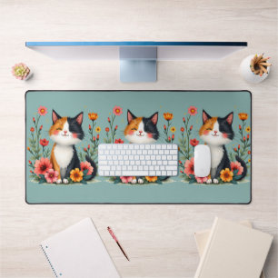 Cute Calico Cat with Floral Cottagecore Aesthetic Desk Mat
