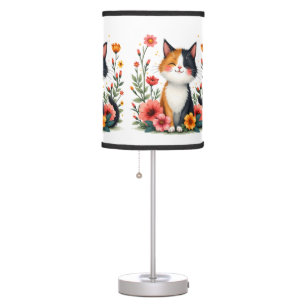 Cute Calico Cat with Floral Cottagecore Aesthetic Table Lamp