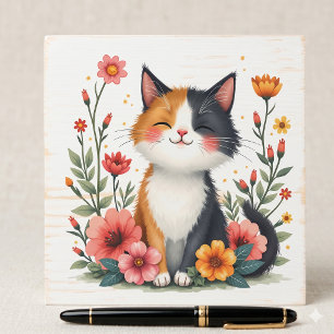 Cute Calico Cat with Floral Cottagecore Aesthetic  Wooden Box Sign