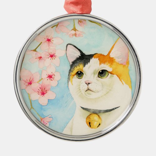 Cute Calico Cat with Pink Flowers Watercolor Metal Ornament