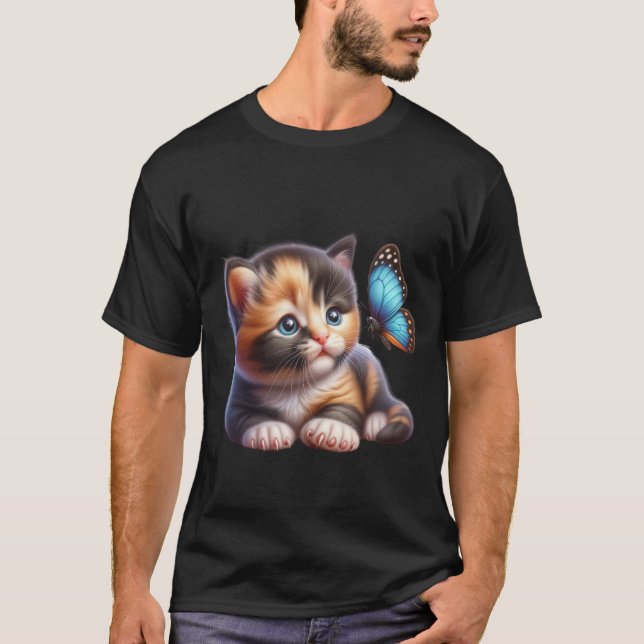 Cute Calico Kitten and Blue Butterfly  ✨🐱 T-Shirt (Front)