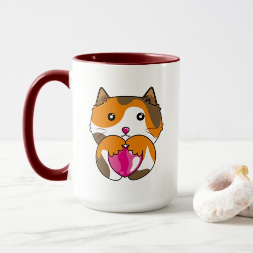 Cute Calico Kitten is Hugging A Love Balloon Mug