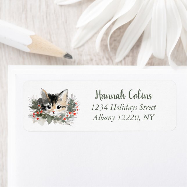 Cute Calico Kitten Winter Holiday Label (Insitu)