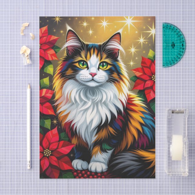 Cute Calico Kitty Cat and Poinsettia Christmas Tissue Paper (Craft)