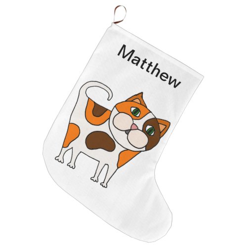 Cute Calico Kitty Cat Cartoon Large Christmas Stocking