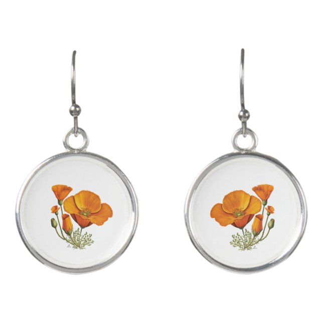 Cute California Poppy Flower Vintage Style Earrings (Front)