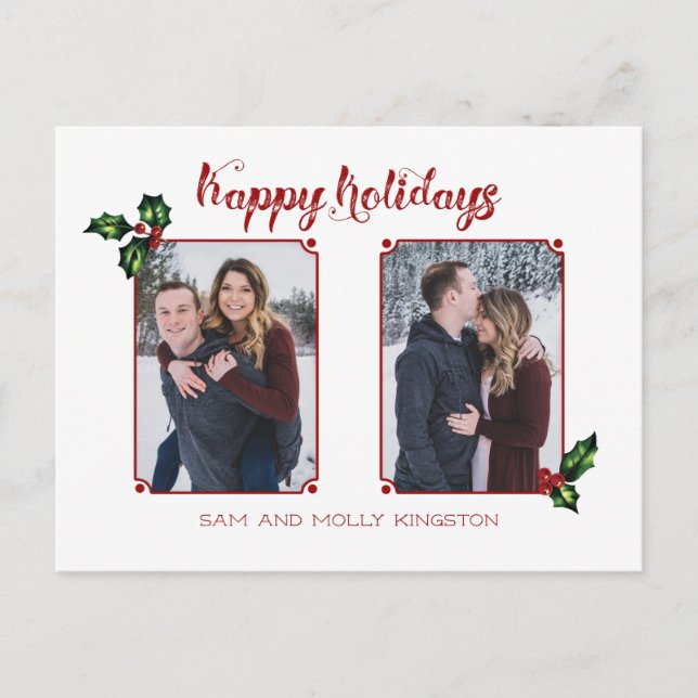 Cute Calligraphy Font Happy Holidays Two-Photo Postcard (Front)
