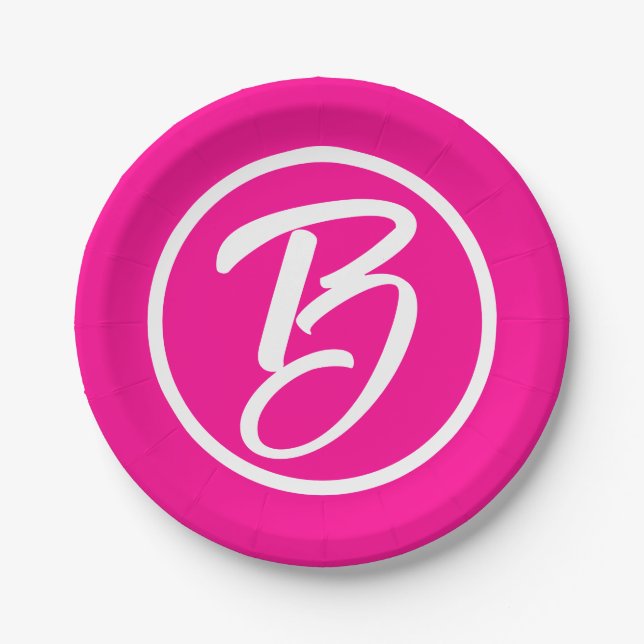Cute Calligraphy Monogram Letter Hot Pink Paper Plates (Front)