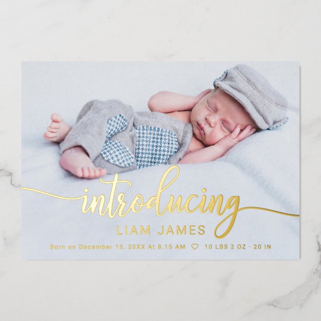 Cute Calligraphy Photo Birth Announcement Cards (Front)