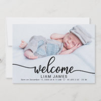 Cute Calligraphy Photo Birth Announcement Cards