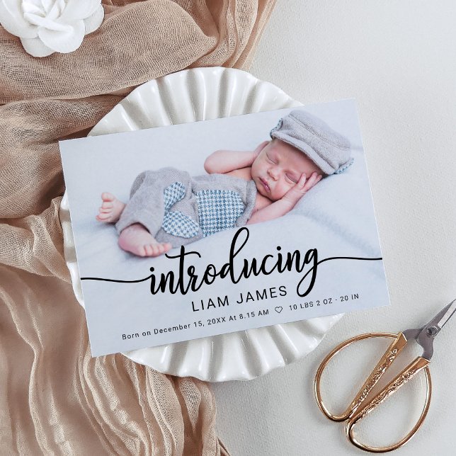 Cute Calligraphy Photo Birth Announcement Cards (Creator Uploaded)