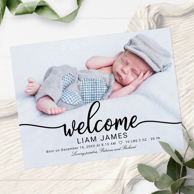 Cute Calligraphy Photo Birth Announcement Cards (Creator Uploaded)