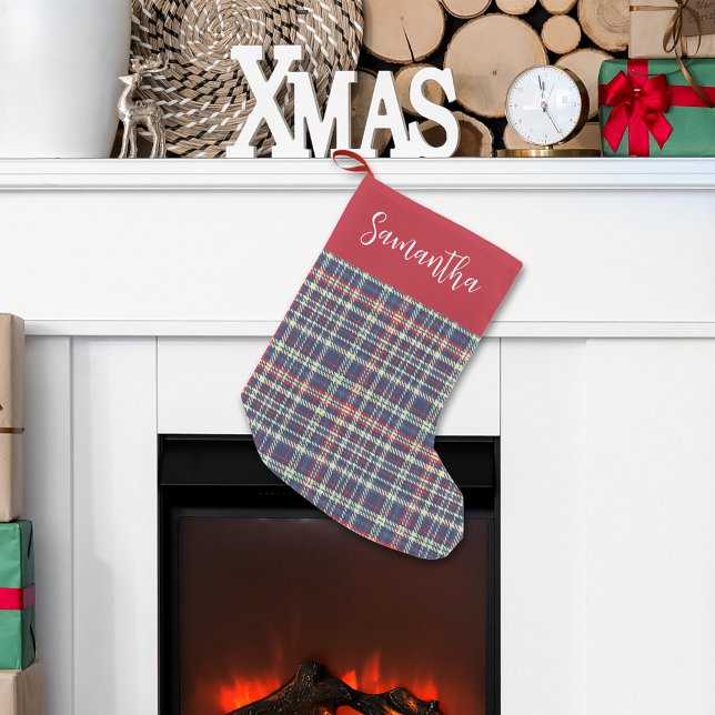 Cute Calligraphy Script Navy Blue Plaid Pattern Small Christmas Stocking (Classic Christmas holiday Navy Blue plaid pattern stockings. )