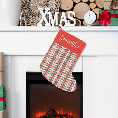 Cute Calligraphy Script Red Green Plaid Pattern Small Christmas Stocking
