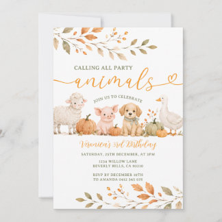 Cute Calling All Party Animals Fall Farm Birthday Invitation