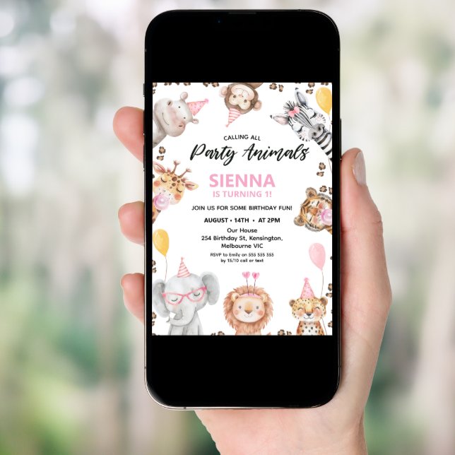 Cute Calling All Party Animals Safari 1st Birthday Invitation (Front Digital)