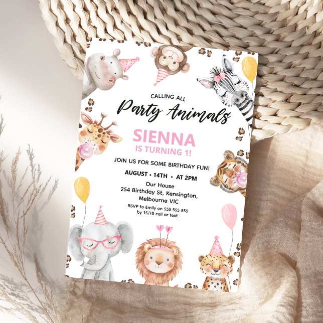 Cute Calling All Party Animals Safari 1st Birthday Invitation (Calling All Party Animals Safari Birthday Invitation Girl, Wild One, Safari 1st Birthday Invite)