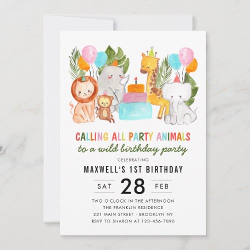 Cute Calling All Party Animals Zoo Safari Birthday Invitation