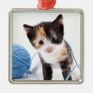 Cute Calypso Kitten and Blue Yarn Metal Ornament