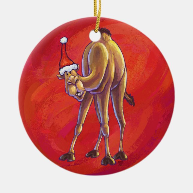 Cute Camel Christmas On Red Ceramic Ornament (Front)