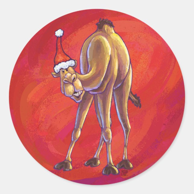 Cute Camel Christmas On Red Classic Round Sticker (Front)
