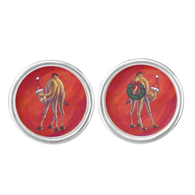 Cute Camel Christmas On Red Cufflinks (Front)