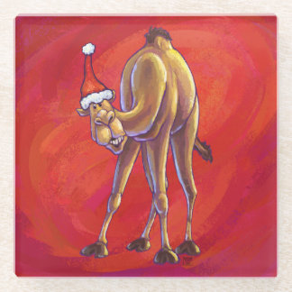 Cute Camel Christmas On Red Glass Coaster
