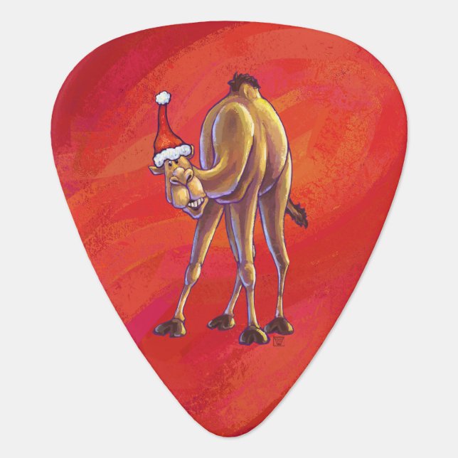 Cute Camel Christmas On Red Guitar Pick (Front)