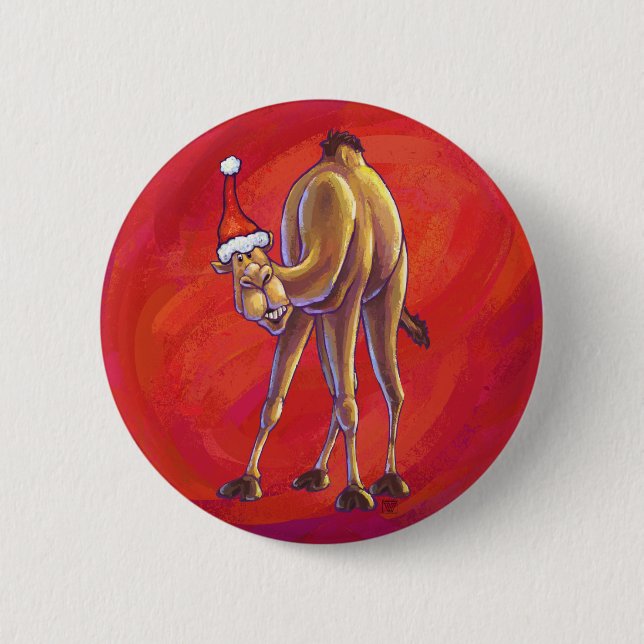 Cute Camel Christmas On Red Pinback Button (Front)