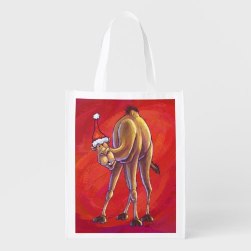 Cute Camel Christmas On Red Reusable Grocery Bag