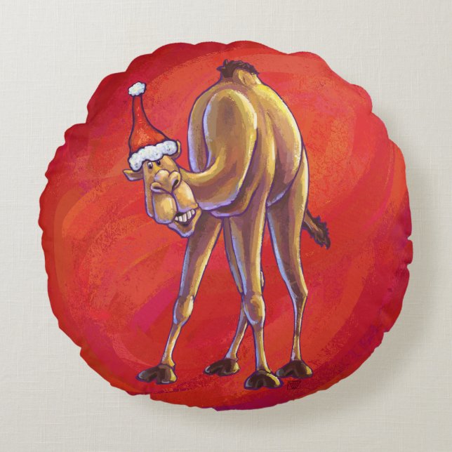 Cute Camel Christmas On Red Round Pillow (Front)