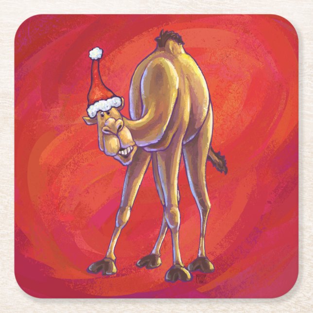 Cute Camel Christmas On Red Square Paper Coaster (Front)