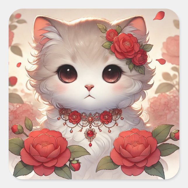 Cute Camelia Princess Cat Square Sticker (Front)