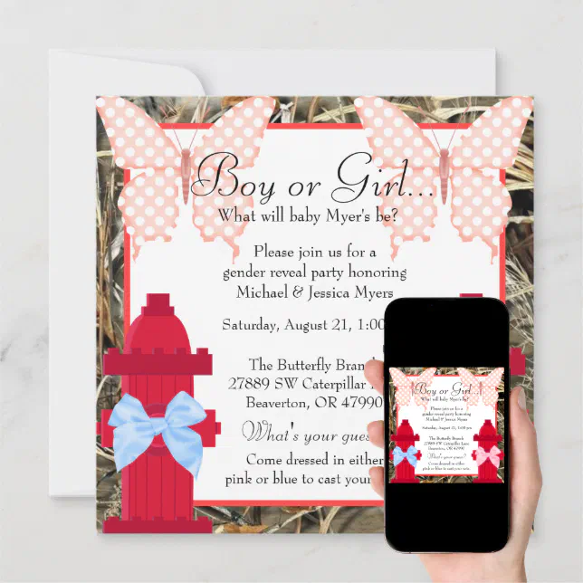 Cute Camo Fire Hydrant Gender Reveal Invitation Zazzle
