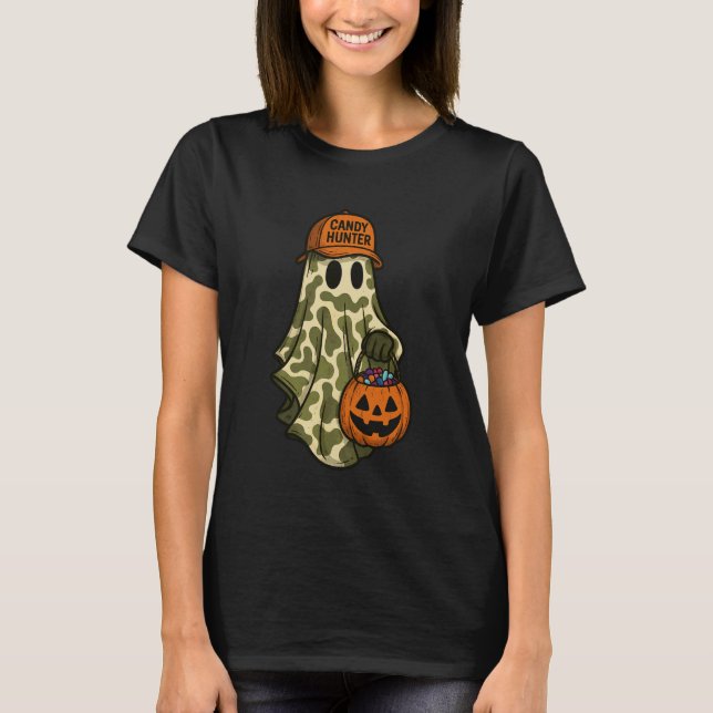 Cute Camo Halloween Ghost Pumpkin Candy Hunter Spo T-Shirt (Front)