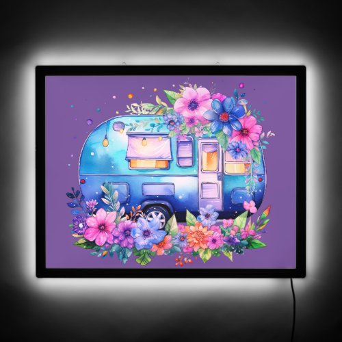 Cute Camper Trailer With Pink  Blue Flowers LED Sign