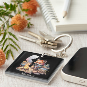 Cute camping fox lovers add name keychain
