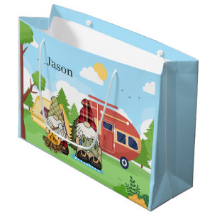 cute camping gnomes add name party  large gift bag