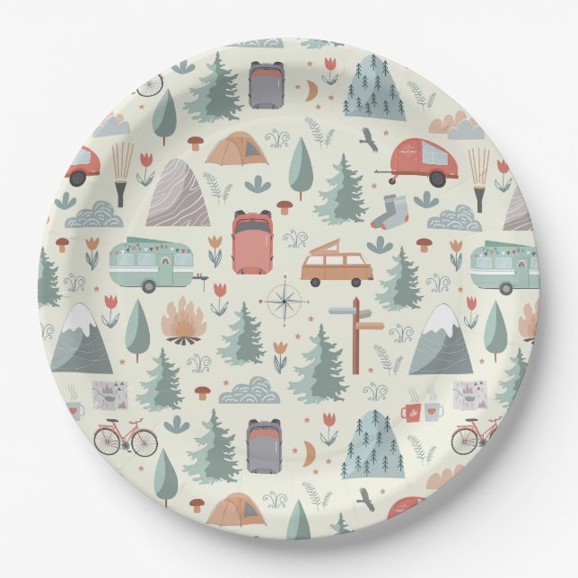 Cute Camping, Hiking, Ourdoors and Nature Theme Paper Plates (Front)
