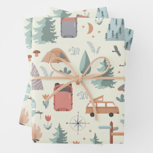 Cute Camping, Hiking, Ourdoors and Nature Theme Wrapping Paper Sheets