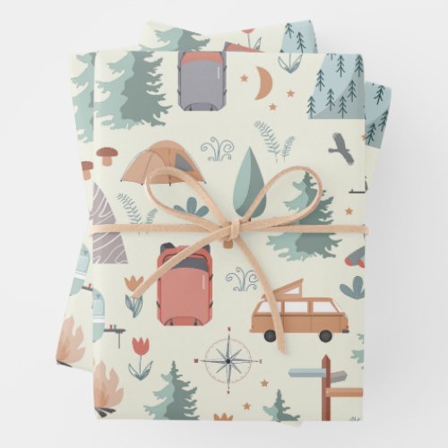 Cute Camping Hiking Ourdoors and Nature Theme Wrapping Paper Sheets
