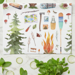 Cute Camping Pattern   Watercolor Illustrations Kitchen Towel