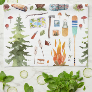 Cute Camping Pattern   Watercolor Illustrations Kitchen Towel