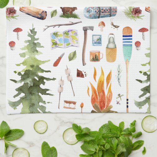 Cute Camping Pattern  Watercolor Illustrations Kitchen Towel