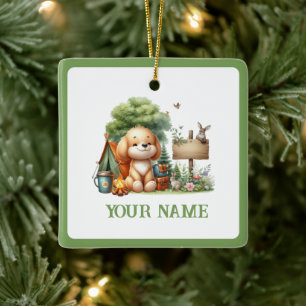 Cute Camping Puppy Forest Personalized Ceramic Ornament