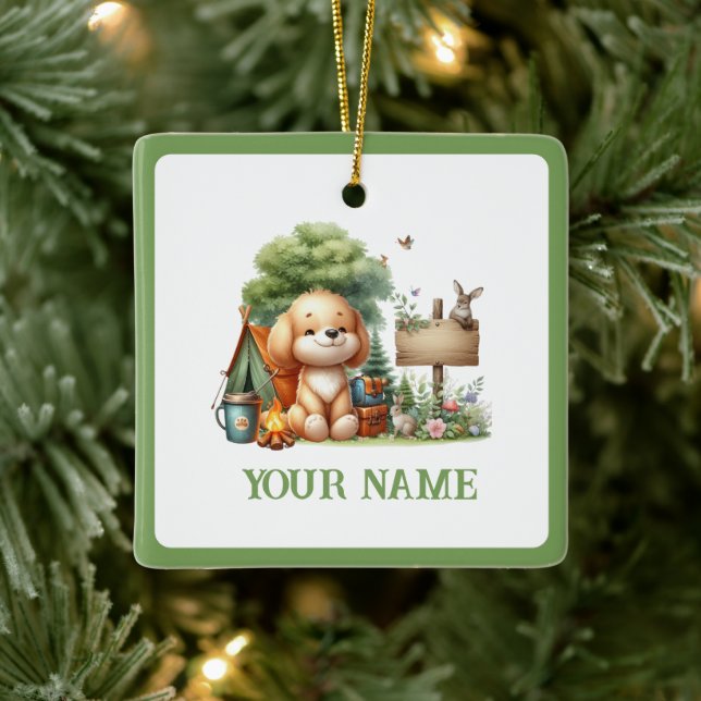Cute Camping Puppy Forest Personalized Ceramic Ornament (Tree)