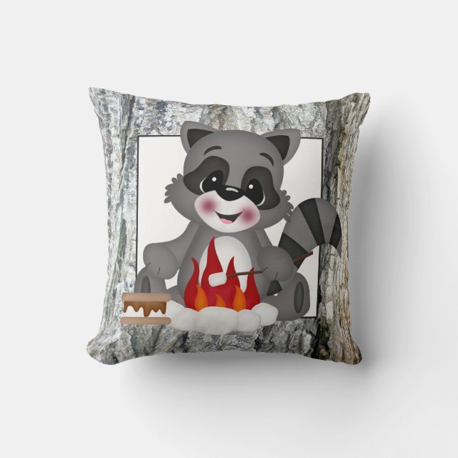 Cute Camping Raccoon fun throw pillow (Front)