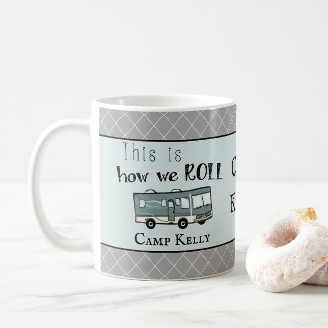 Cute Camping RV "This is How We Roll" Personalized Coffee Mug (With Donut)
