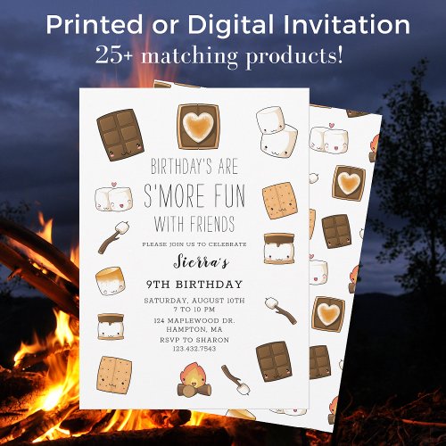 Cute Camping SMores Bonfire Birthday Party Invitation