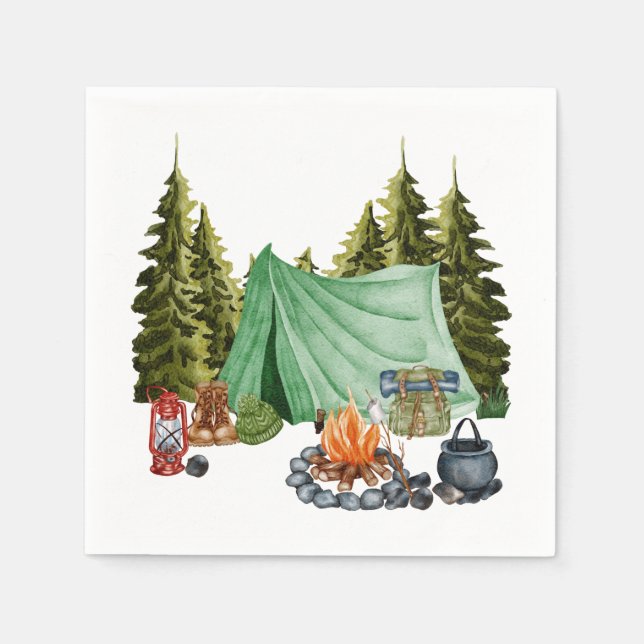 Cute Camping Theme Campfire, Tent, Forest Napkins (Front)